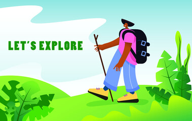 Trendy flat character of a cheerful hiker walking outside with a backpack and a stick, against the background of green plants and nature, vector illustration, copy space