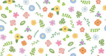かわいい手描き春の草花柄模様のシームレス背景