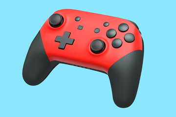 Realistic red joystick for video game controller on blue background