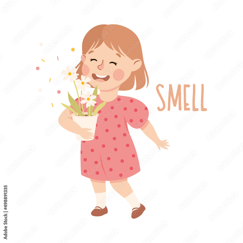 Sticker Little Girl Showing Sense Smelling Flowers in Flowerpot Vector Illustration