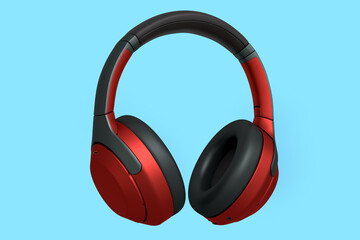 3D rendering of red gaming headphones for cloud gaming and streaming on blue