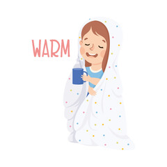 Little Girl Showing Sense Warming with Hot Drink and Covered with Blanket Vector Illustration