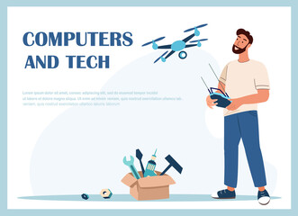 Man Create Invention.Robotics Class template.Computers Tech Landing Page Template.Smiling Man with Remote Control Presenting Flying Robot or Quadcopter,Constructor Innovation.Flat Vector Illustration