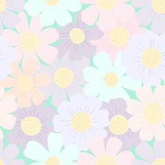 Vector seamless pattern with simple flowers in gentle colors on green background. For wallpapers, decoration, invitation, fabric, textile and print, web page background, gift and wrapping paper.