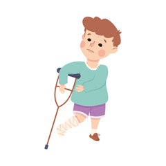 Sick Little Boy with Crutch Feeling Unwell Suffering from Leg Wound Vector Illustration