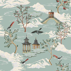 Vintage Chinese landscape, tree, birds, mountain seamless pattern. Chinoiserie exotic wallpaper.