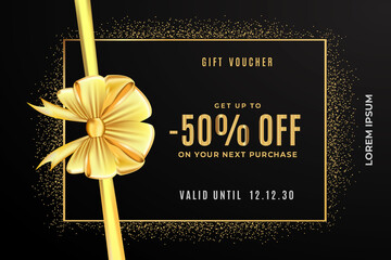 50 Percent Off Gift Voucher Template. Gift voucher collection, surprise offer to holiday, Gold glitter square frame with silky bow. Gift Certificate, Golden ticket vector