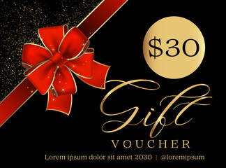 Fototapeta na wymiar 30 Dollar Gift Voucher Template. Gift Voucher Template Promotion Sale discount, Gold background, Voucher, Gift certificate, Coupon template.