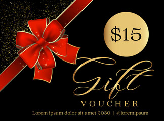 Fototapeta na wymiar 15 Dollar Gift Voucher Template. Gift Voucher Template Promotion Sale discount, Gold background, Voucher, Gift certificate, Coupon template.