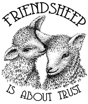 Hand drawn couple of sheep (trust) with a witty slogan on white background. Sheep illustration made with fineliners.