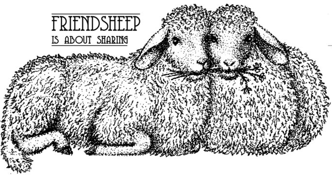 Hand drawn couple of sheep with a witty slogan on white background. Sheep illustration made with fineliners.