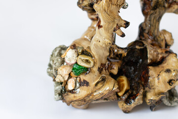 Unique handmade table lamp from sea driftwood isolated on white background