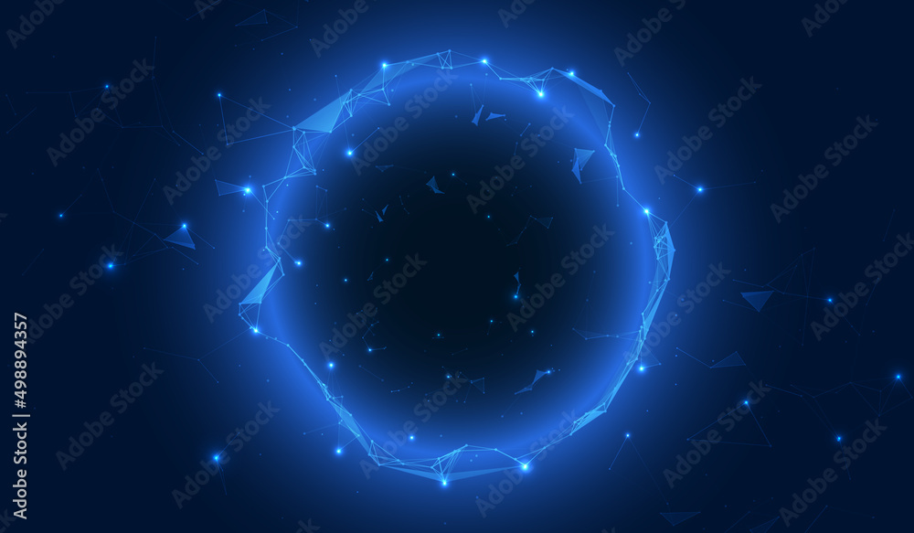 Poster Futuristic Background Concept of Plexus Entrance Blue Ring Tunnel Space Glow Effect Vector. Scientific Dots Lines Triangle Connection Element Layer Array Illustration.