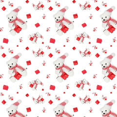 Seamless pattern with a toy bear on a white background.