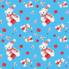 Seamless pattern with a toy bear on a white background.