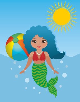 Cute mermaid playing in the water a sunny day. Vector illustration.