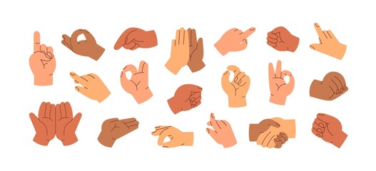 Different hand gestures set. Signs, expressions with pointing fingers, clenched fists, open and greeting palms. OK symbol, handshake, touching. Flat vector illustrations isolated on white background