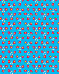 Bright botanical background with white and red decorative daisy flowers on a light blue background