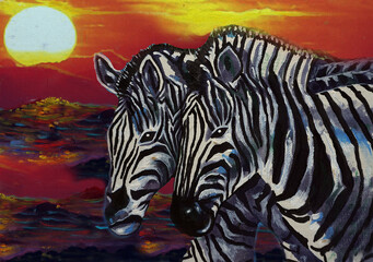 Oil painting of zebras standing in the morning at sunrise