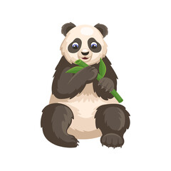 Cute big panda. Panda eating bamboo leaves. Vector cartoon illustration.