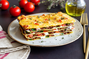 Italian lasagna with meat, cheese and vegetables. Italian food.