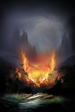 landscape graphic illustration plains pine forest burning black cumulus scary 2