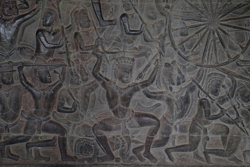 Carved Bas relief mural wall Angkor Wat temple Seam Reap Cambodia