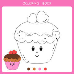 Simple educational game for kids. Vector illustration of cute cupcake for coloring book