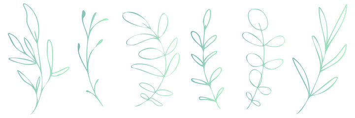 Hand drawn colorful plant set modern and universally usable. Flower branch and minimalistic plants. Hand drawn lines, elegant leaves for your own design. Botanical, chic and trendy plants.