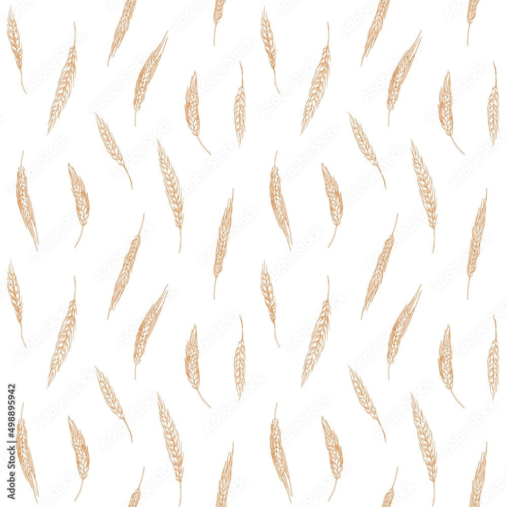 Poster Seamless pattern with cereals, grain crops. Endless background with wheat, barley, rye spikelets. Repeatable print with field seed plants. Texture design in retro style. Hand-drawn vector illustration