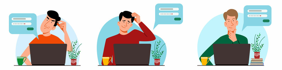 A set of concepts of people thinking on a laptop. Forgot your password and login for the account on the web page. Flat vector illustration.