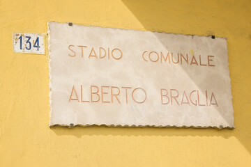 Close up of the indication of Alberto Braglia comunal stadium in Modena, Italy.