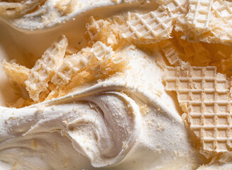 Frozen Creamy flavour gelato (called Russian Ice Cream) - full frame detail. Close up of a white surface texture of Ice cream covered with pieces of broken waffle.