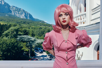 glamorous woman Vintage fashion pink hair posing summer Summer day
