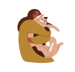 Happy woman holding big cute cat in hands. Pet owner hugging feline animal with love, tenderness. Person with funny Maine coon kitty in arms. Flat vector illustration isolated on white background