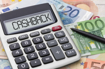 Calculator with money and a pen - Cashback