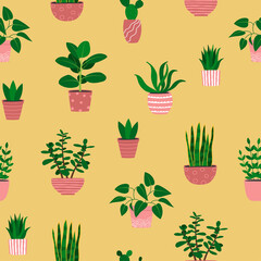 Fototapeta na wymiar Seamless pattern of houseplants in pink flowerpots. Cartoon colorful plants on yellow background