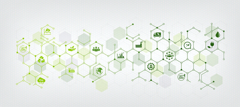 Net Zero and Carbon Neutral Concepts Net Zero Emissions Goals With a connected icon concept related to Net Zero with hexagon grid.