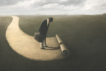 Illustration of man's surreal path, business abstract concept - obrazy, fototapety, plakaty