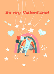 Obraz premium Vector Illustration Be my Valentine, unicorn in upside down pajamas, against the background of a rainbow, holds balloons, hearts, stars, arrows, invitation, postcard, template.