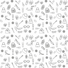Seamless pattern of fashion accessories, women's bags and shoes. Line vector illustration for background. Modern design for the background. Banners, fabrics, paper, decor and other users.