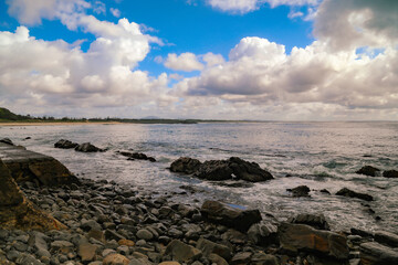 Fototapeta na wymiar Forster Beach early morning with cloudy sky. NSW Australia