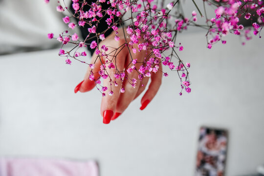 The girls hand touch the pretty pink flowers