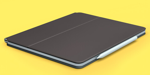 Computer tablet with brown cover case and pencil isolated on yellow background.