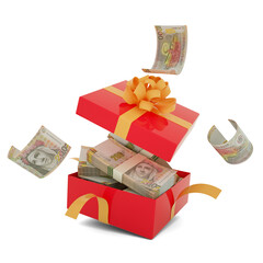 Peruvian sol notes inside an open red gift box. Peruvian sol inside and flying around a gift box. 3d rendering of money inside box isolated on white background