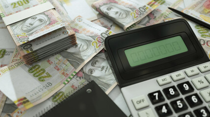 Peruvian sol notes spread out  with a calculator, pen and notebook. 3d rendering