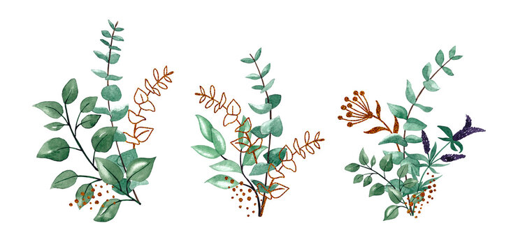 A set of watercolor floral illustrations - a collection of branches of green and golden leaves. For stationery, congratulations, invitations, postcards, design.