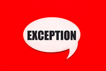 On a bright red background, a light wooden curly card with the text EXCEPTION