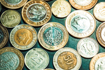 Coins of different sizes and values on an isolated background. 1 lira coin in selective focus....