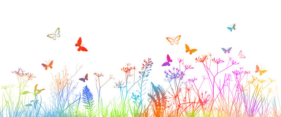 Colorful grass with butterflies. Vector illustration. Abstract colorful floral vector background